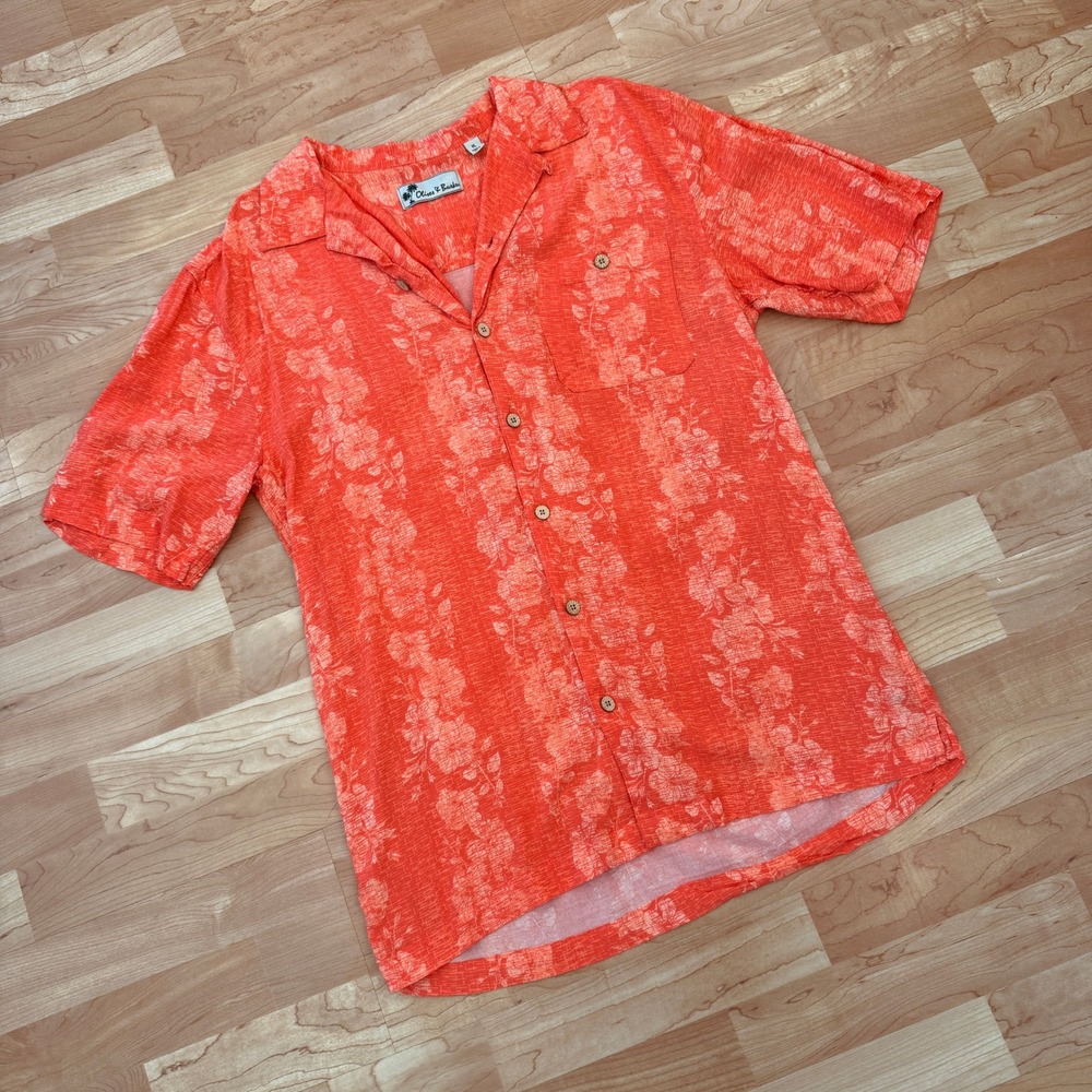 Oliver & Burke Mens XL Orange Floral Tropical Short Sleeve Button Up Camp Shirt